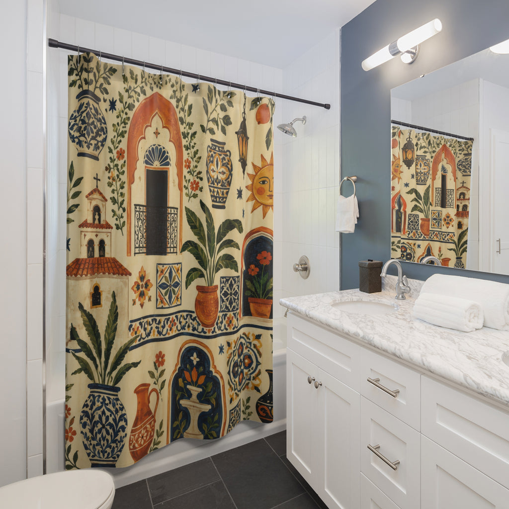 Spanish Tile Shower Curtain: Mediterranean Floral
