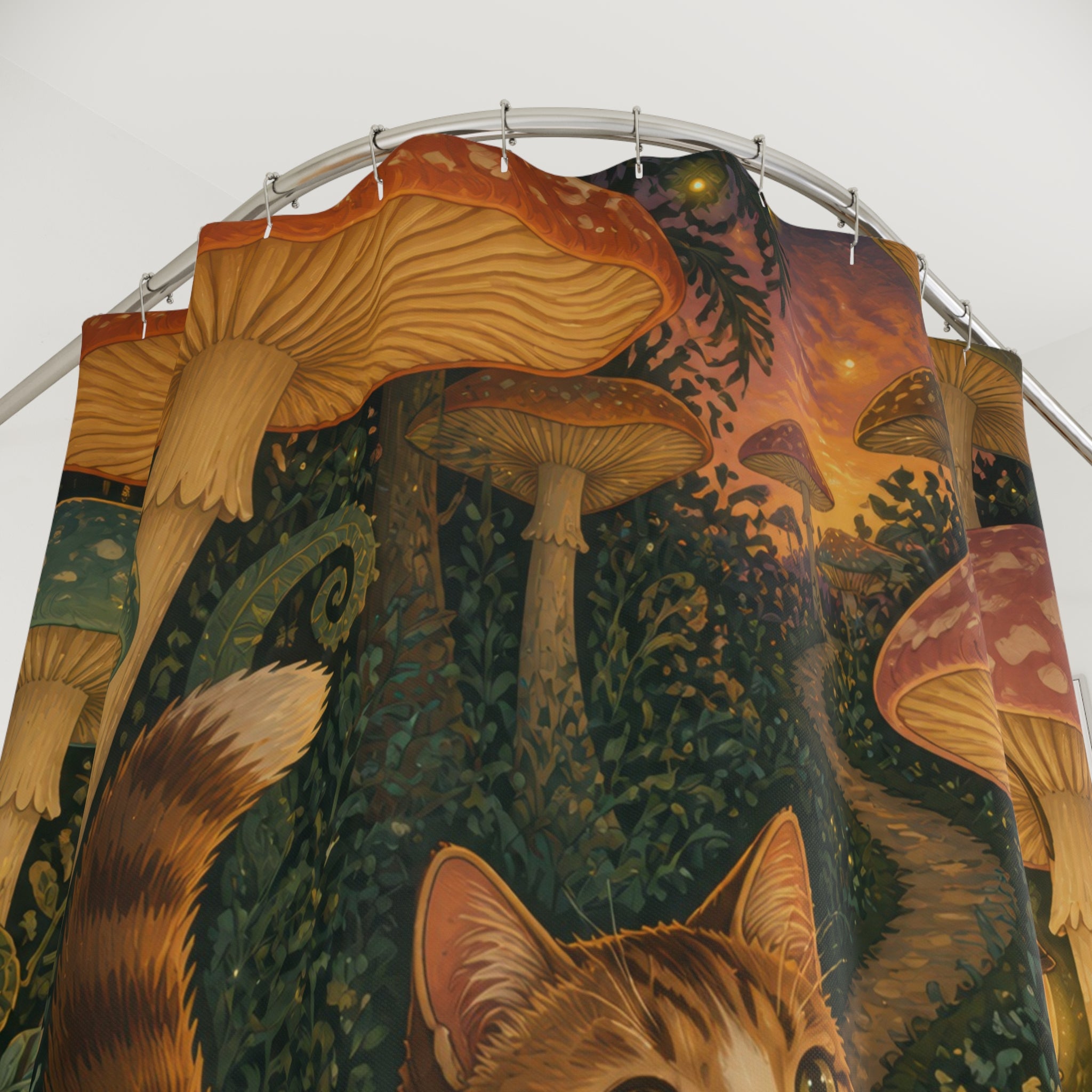 Cat strolling beneath glowing giant mushroom canopies shower curtain with close-up print, hooks, and folds