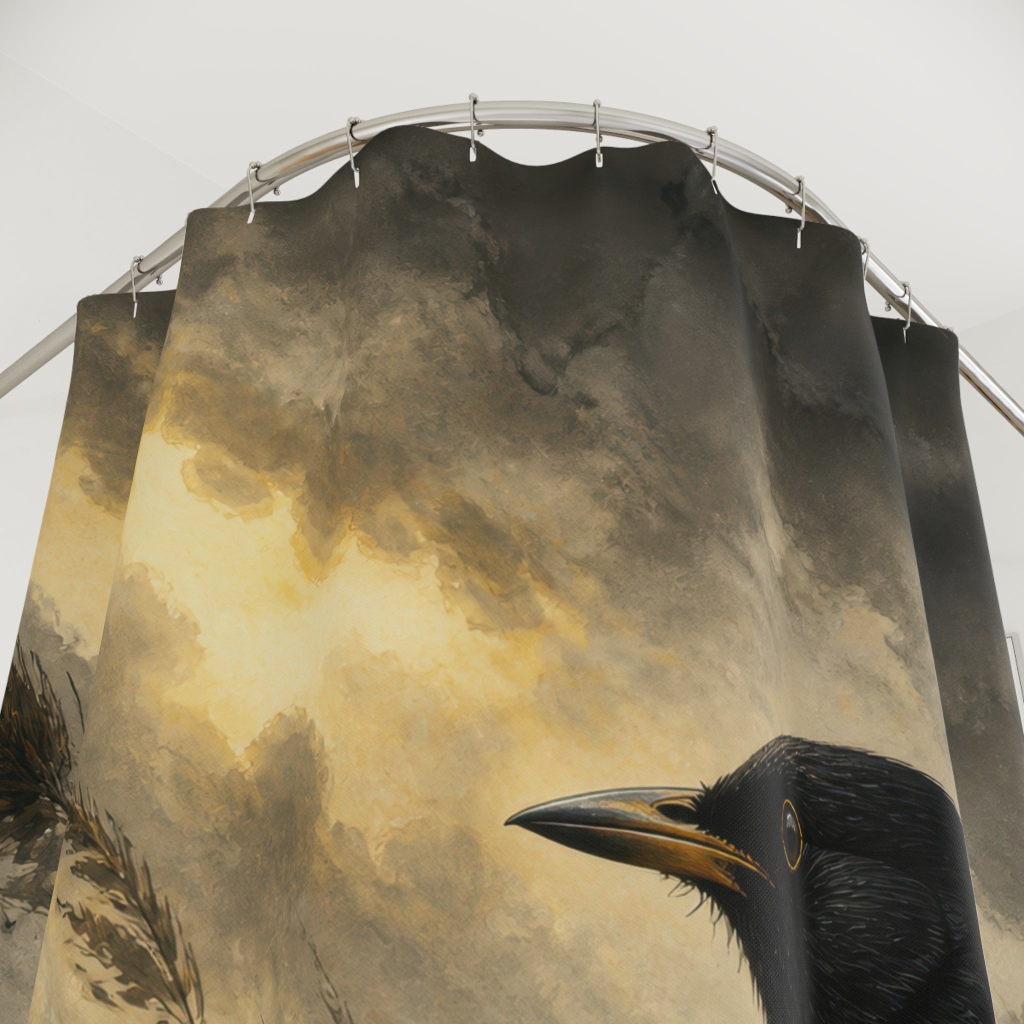 Blackbird portrait in windswept thistles under a golden storm shower curtain with close-up print, hooks, and folds