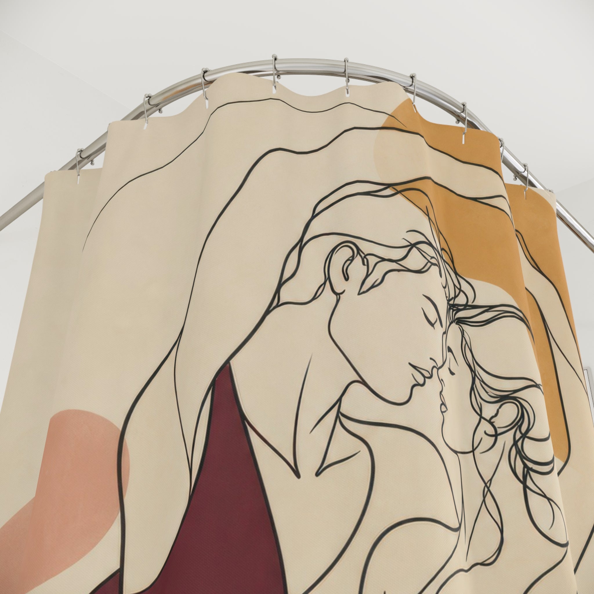 Figure Art Shower Curtain, Modern Woman Line Drawing Pattern, Burgundy Rust Bathroom Decor, Abstract Guest Bath Warm Art Style