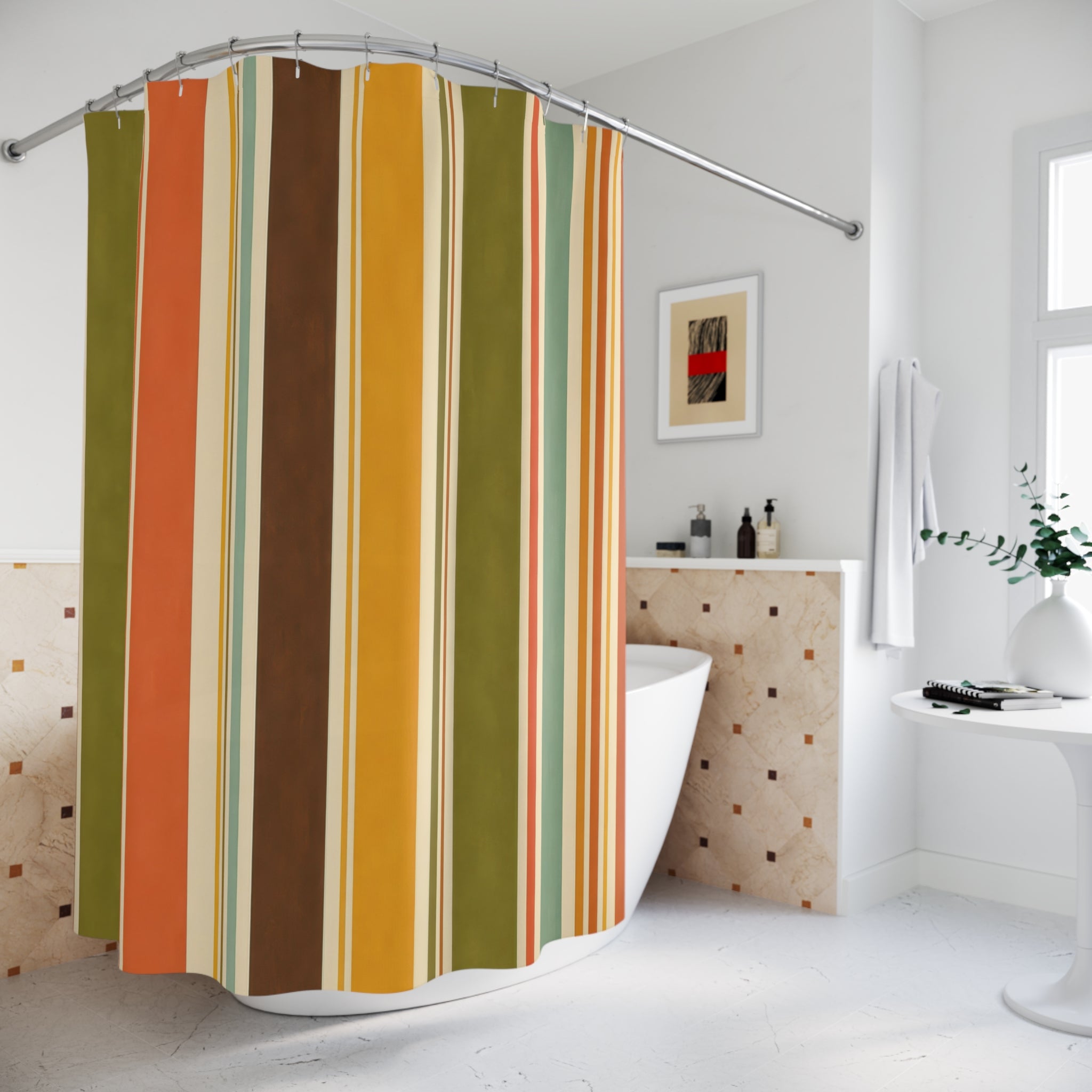 Olive Mustard Vertical Cabana Stripe Shower Curtain
