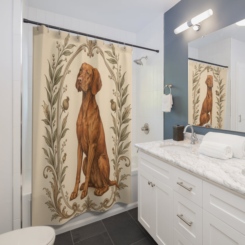 Antique botanical Vizsla portrait shower curtain beside a white vanity