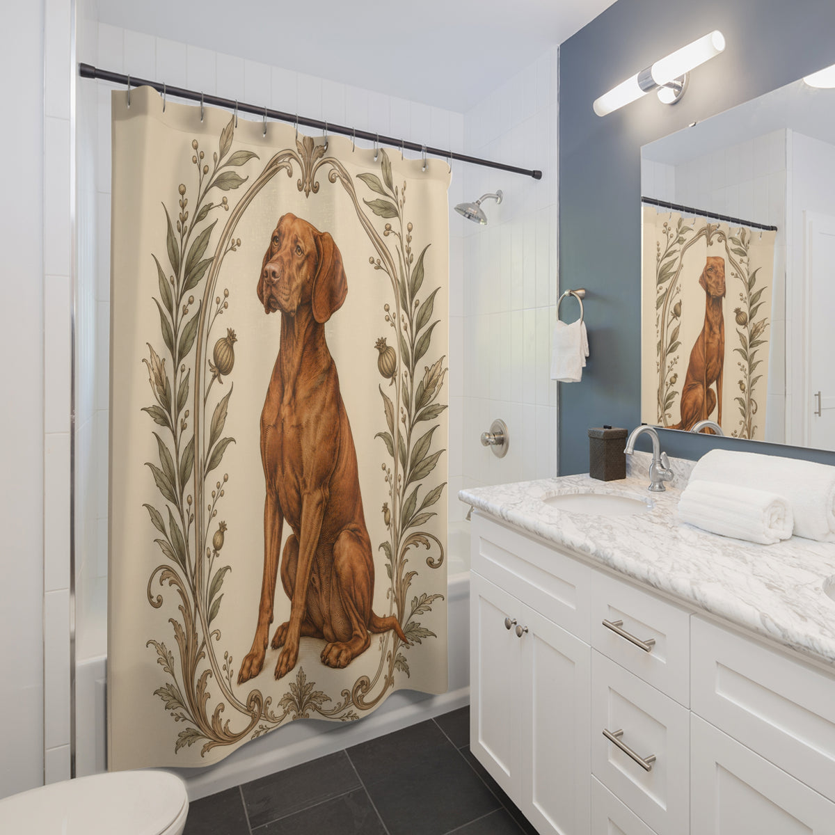 Antique botanical Vizsla portrait shower curtain beside a white vanity