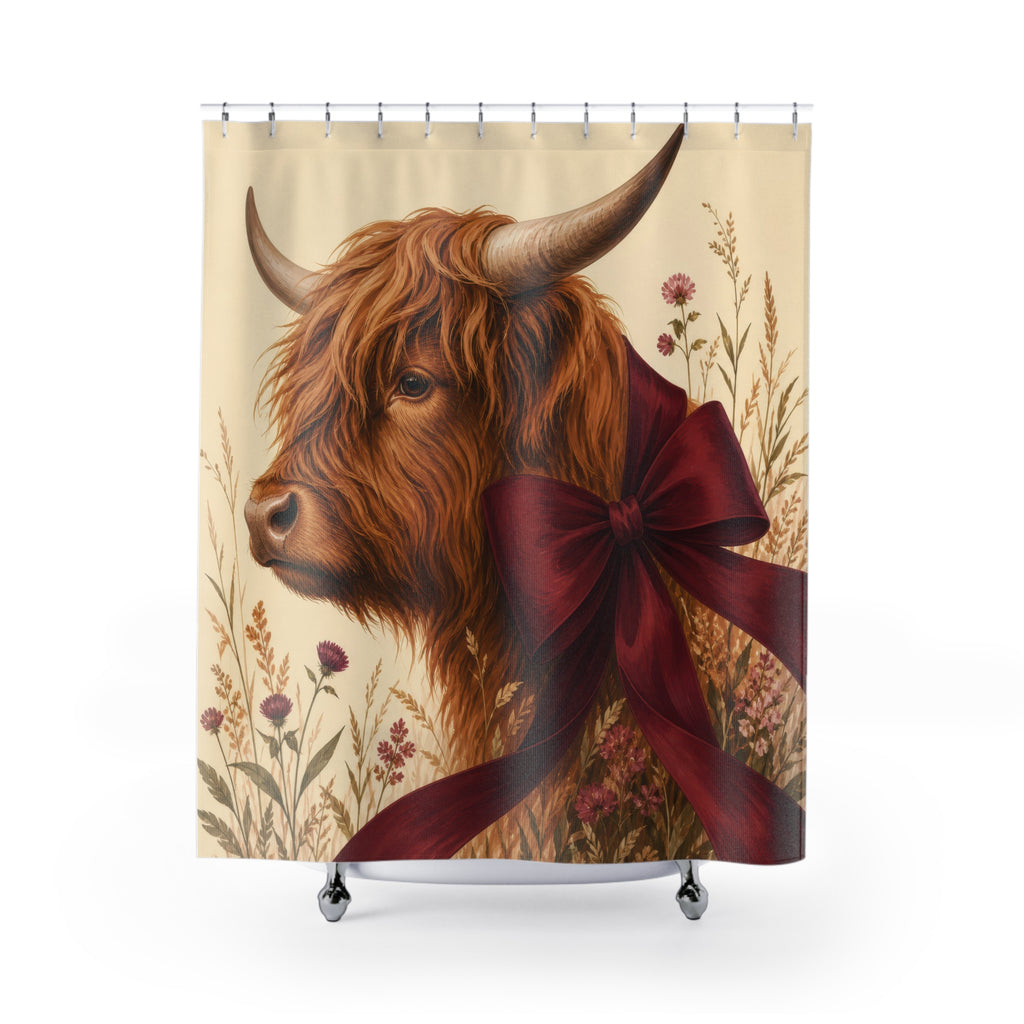 Burgundy Bow Highland Cow Shower Curtain
