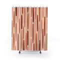 Terracotta rust and blush broken vertical strokes on peach shower curtain with full front view