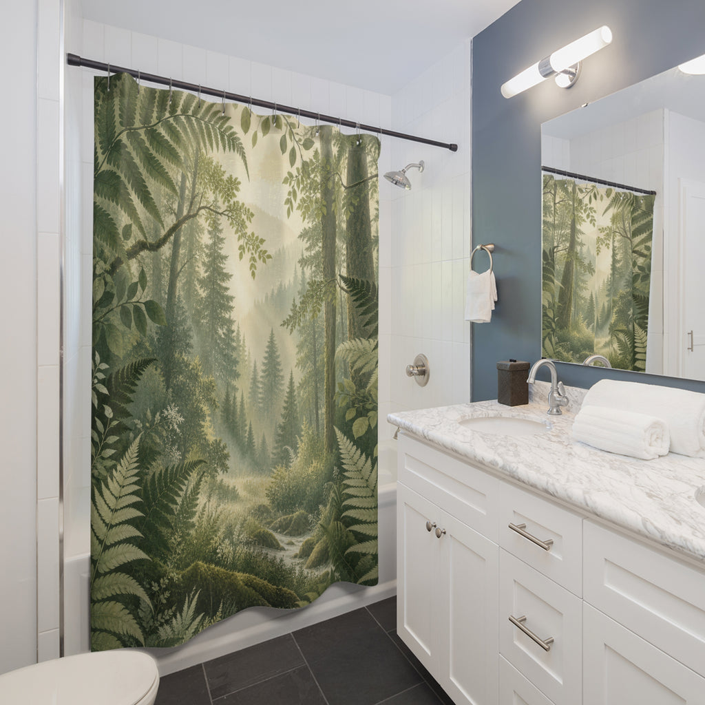Fern-framed forest clearing with a winding stream shower curtain beside a white vanity