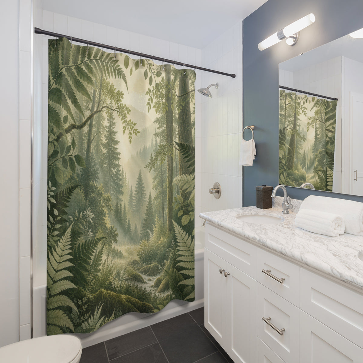 Fern-framed forest clearing with a winding stream shower curtain beside a white vanity