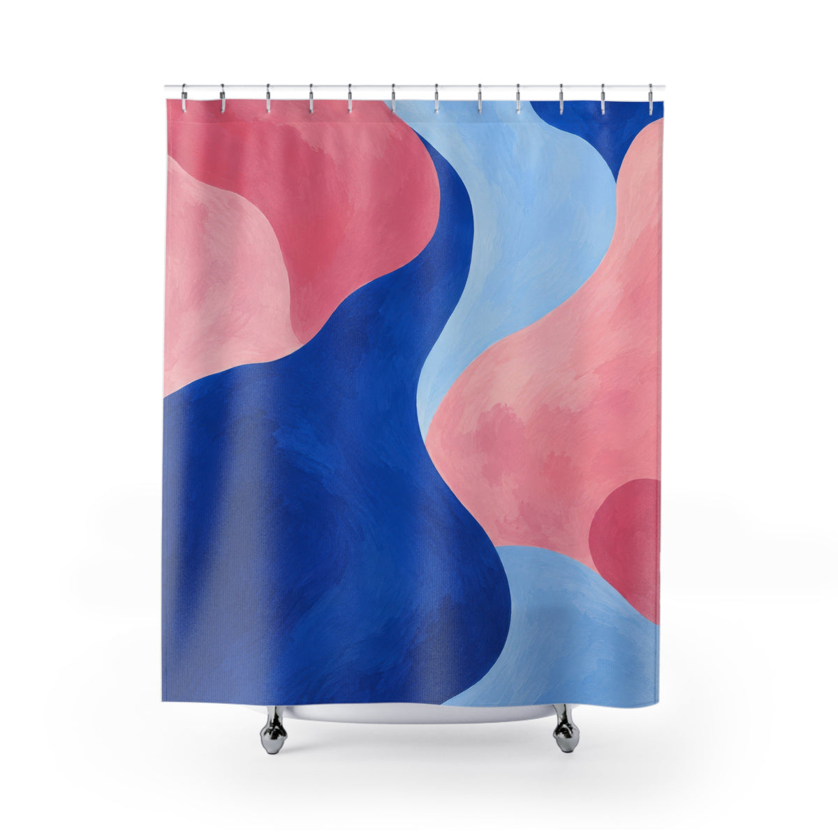 Cobalt blue curves between pink and pale blue abstract shapes shower curtain with full front view