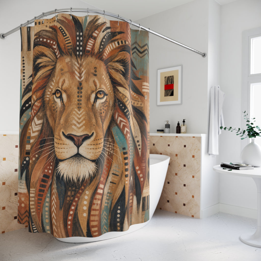 Earth Tone Patterned Animal Portrait shower curtain beside a freestanding tub