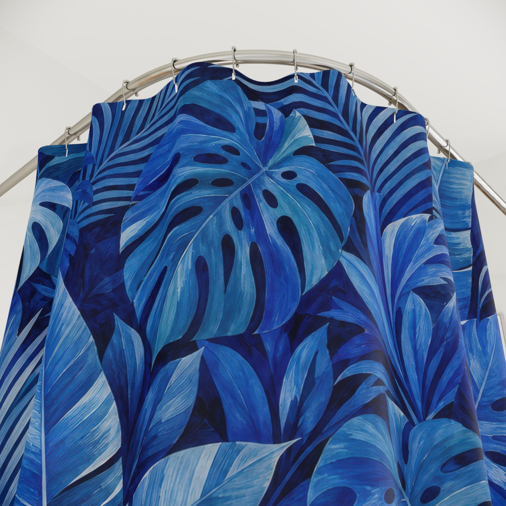 Blue Tropical Leaf Shower Curtain, Navy Blue Coastal Bathroom Decor, Tropical Leaf Bath Curtain, Guest Bath Decor, Small Bathroom Decor