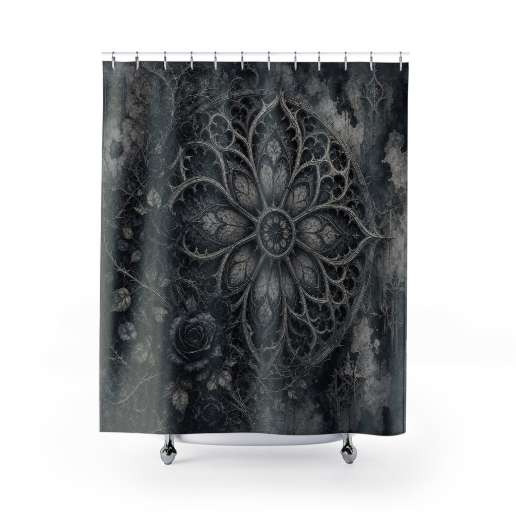 Grey Gothic Rose Window Shower Curtain