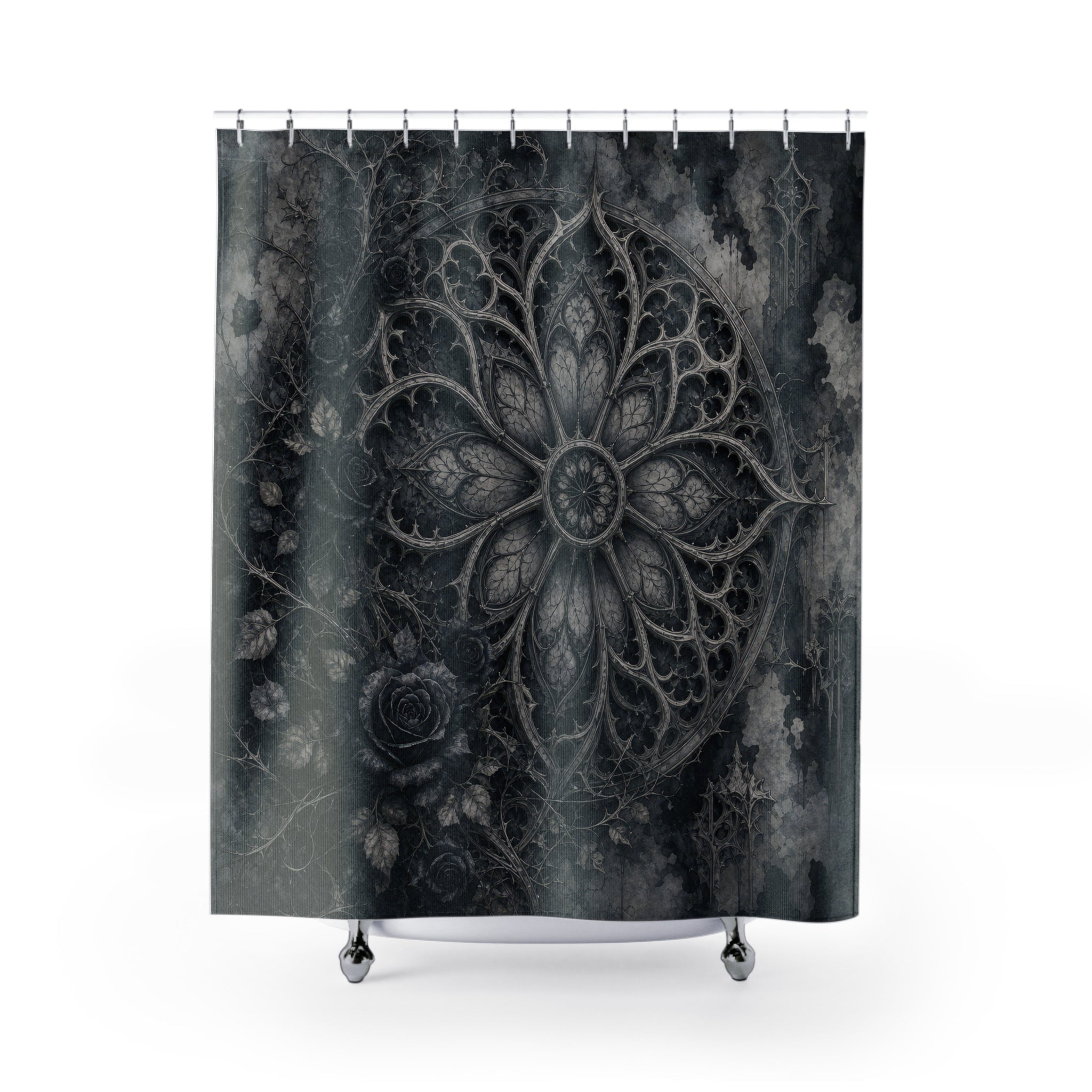 Grey Gothic Rose Window Shower Curtain