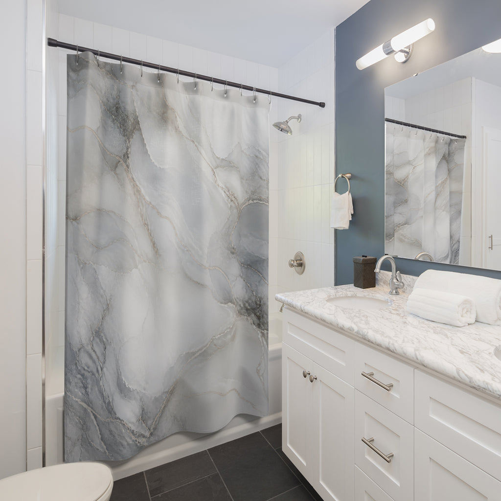 Grey Shower Curtain, Gray Abstract Bath Decor, Marble Look White Charcoal Pattern, Modern Neutral Guest Bathroom Decor, Soft Spa Style