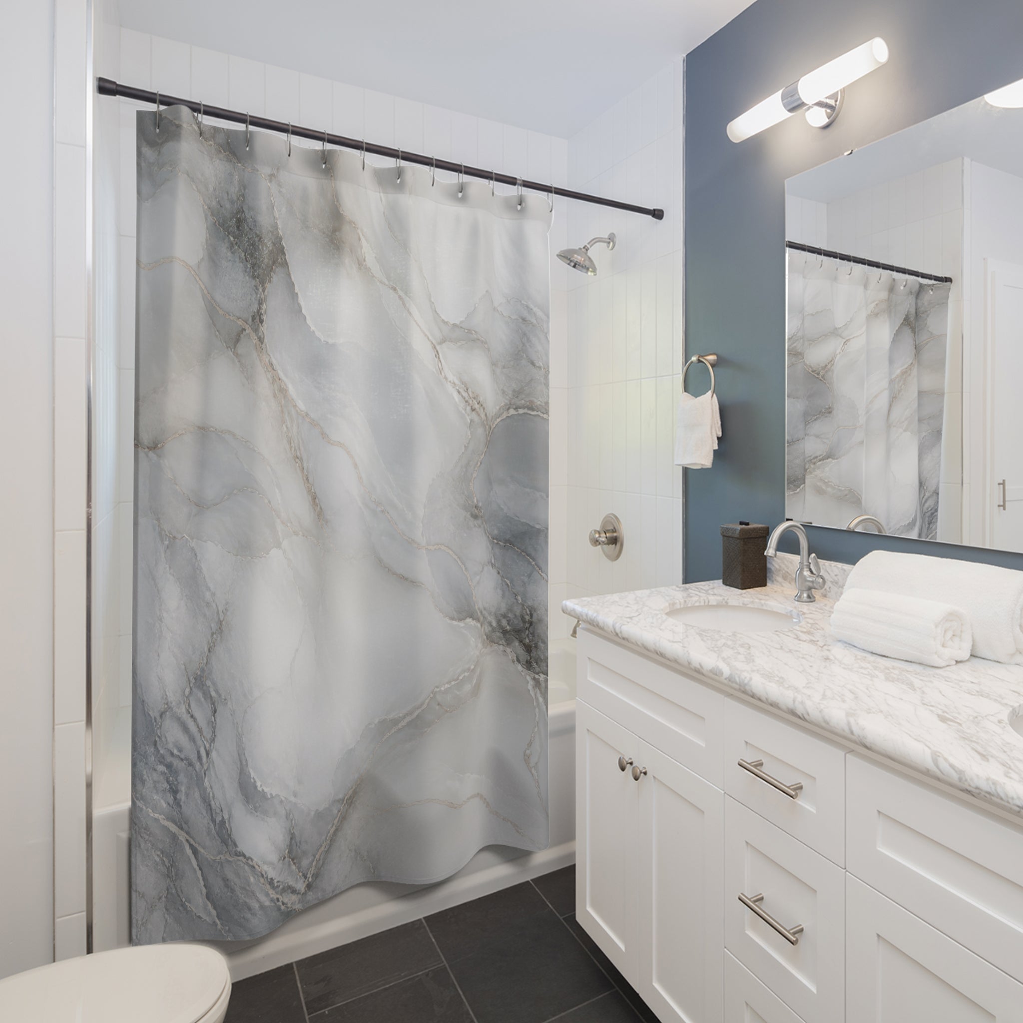 Grey Shower Curtain, Gray Abstract Bath Decor, Marble Look White Charcoal Pattern, Modern Neutral Guest Bathroom Decor, Soft Spa Style