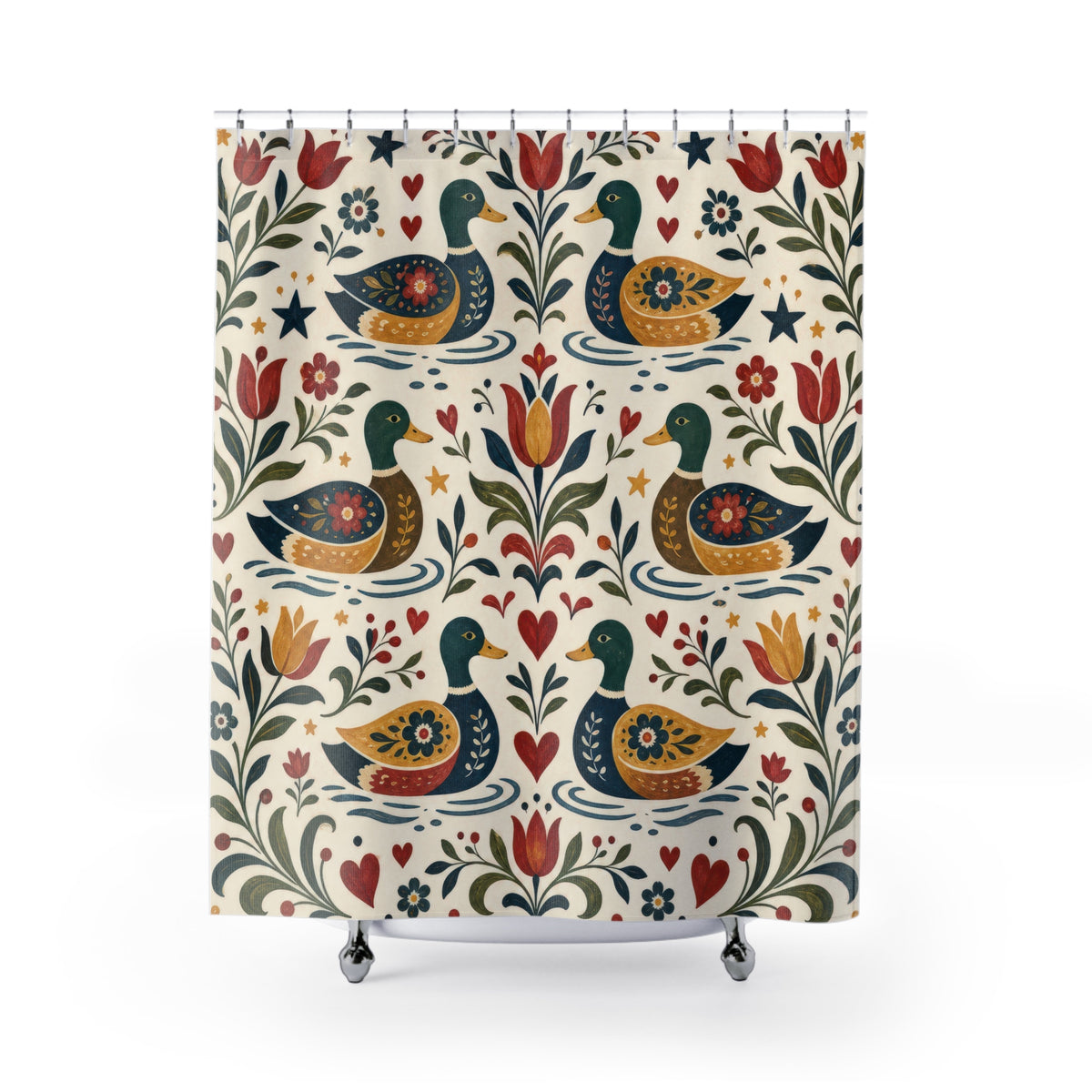 Folk Art Mallard Floral duck shower curtain with full front view