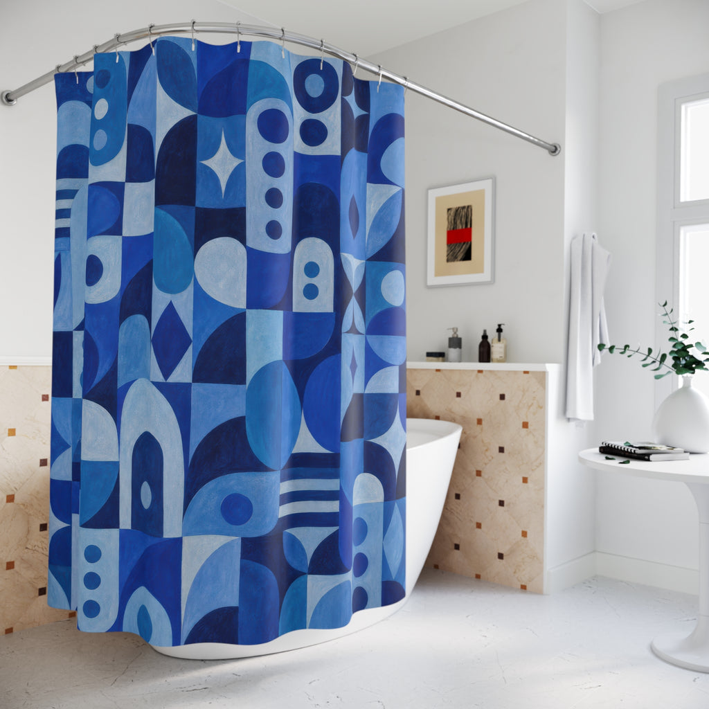 Blue Geometric Shower Curtain, Cobalt Blue Modern Bathroom Decor, Geometric Pattern Bath Curtain, Guest Bath Decor, Small Bathroom Decor