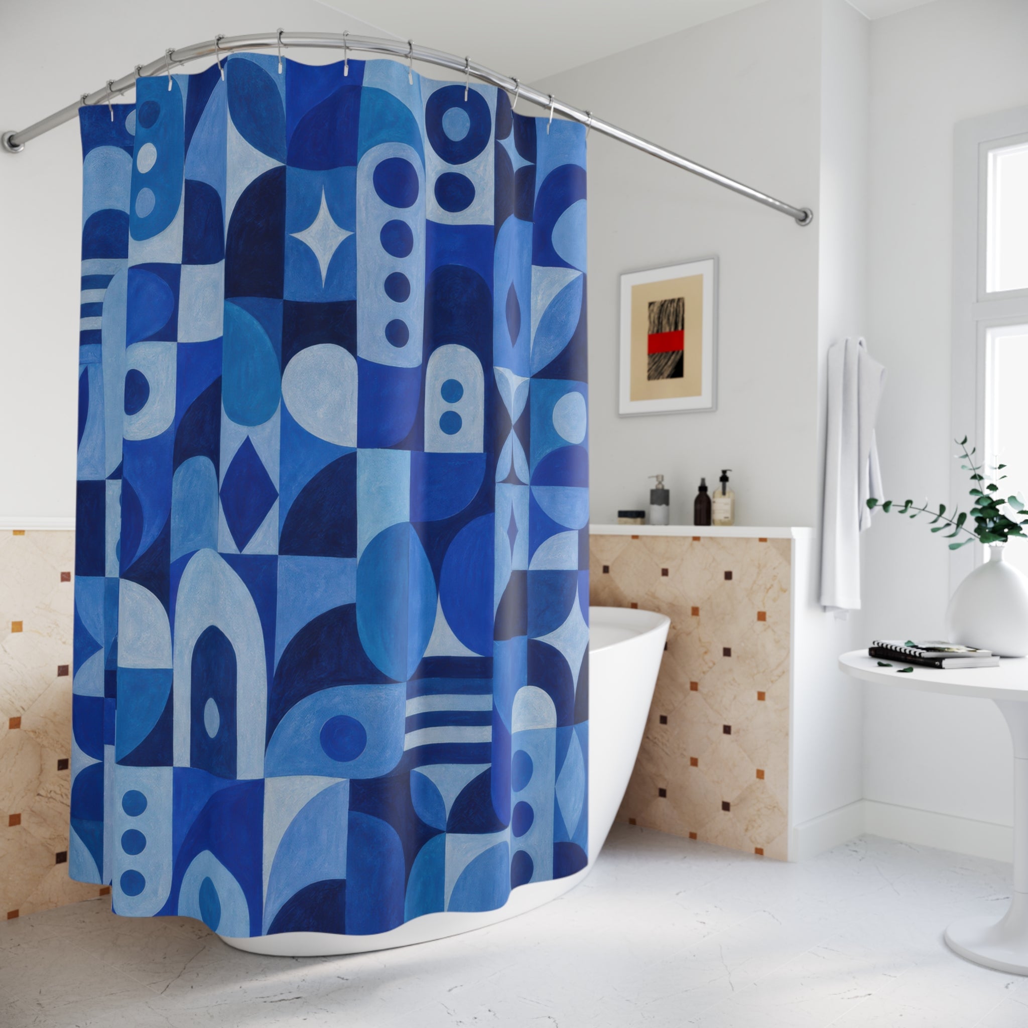 Blue Geometric Shower Curtain, Cobalt Blue Modern Bathroom Decor, Geometric Pattern Bath Curtain, Guest Bath Decor, Small Bathroom Decor