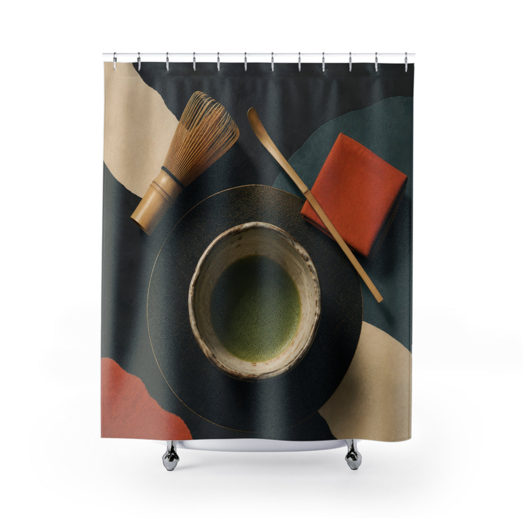 Japanese matcha tea ceremony still life with camellia on tatami shower curtain with full front view