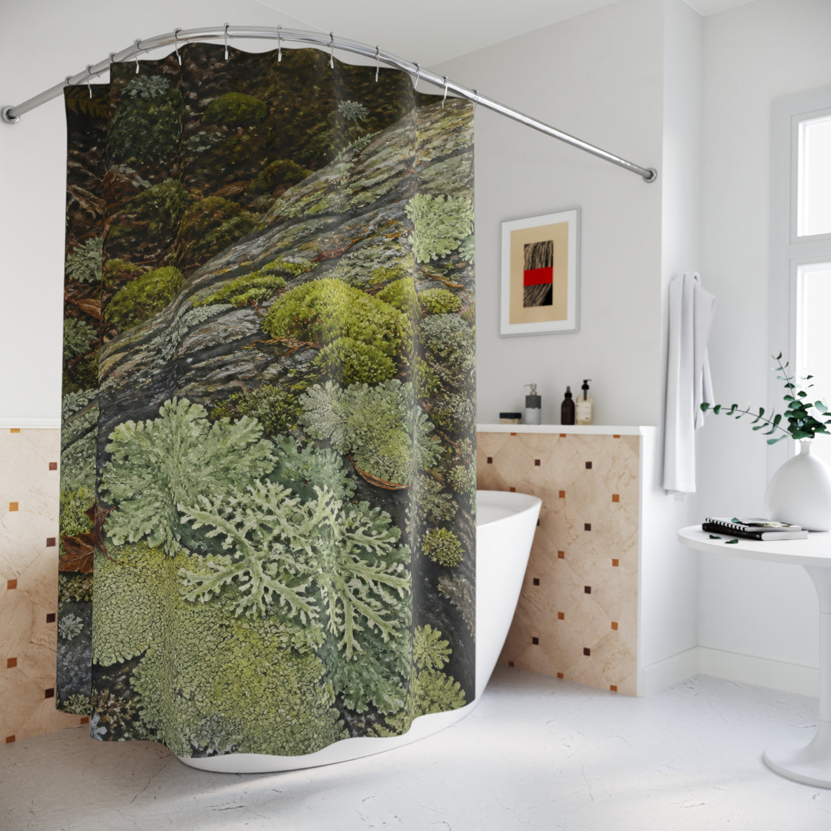 Moss and branching lichen growing across forest stone shower curtain beside a freestanding tub