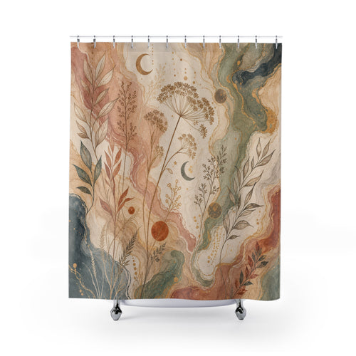 Abstract Botanical Moon boho soft shower curtain with full front view