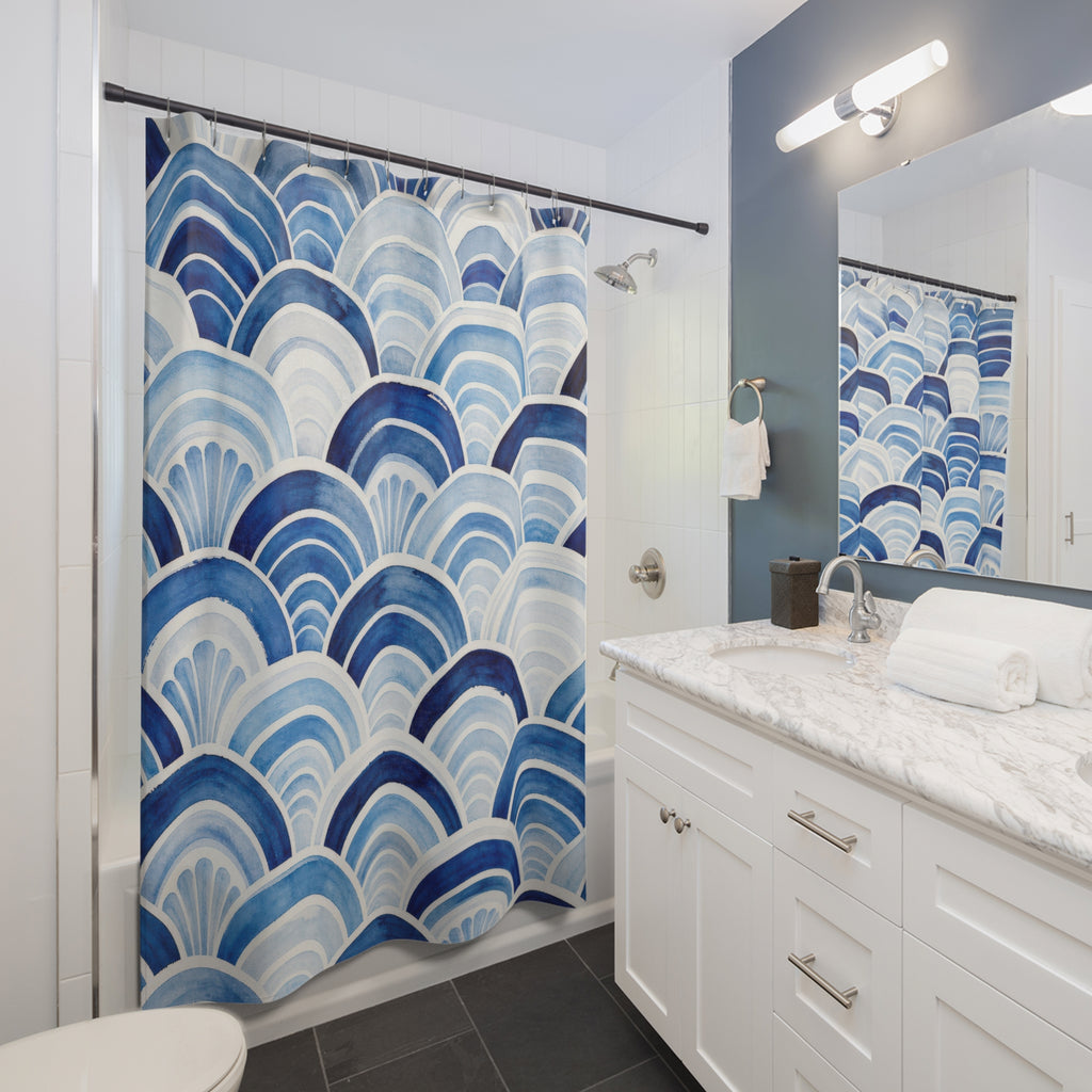 Blue Wave Shower Curtain, Blue White Coastal Bathroom Decor, Wave Pattern Bath Curtain, Guest Bath Decor, Small Bathroom Decor, Home Decor