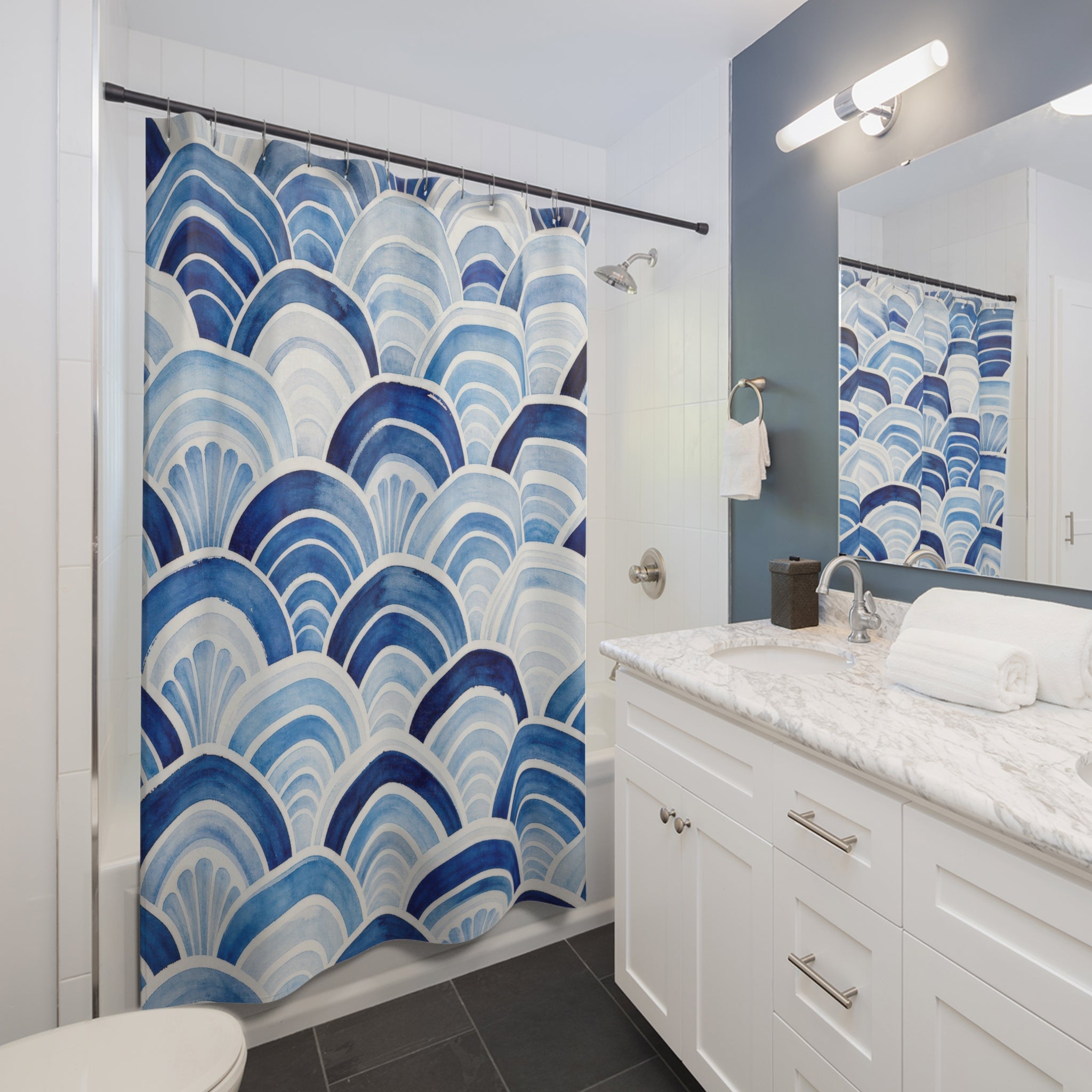 Blue Wave Shower Curtain, Blue White Coastal Bathroom Decor, Wave Pattern Bath Curtain, Guest Bath Decor, Small Bathroom Decor, Home Decor