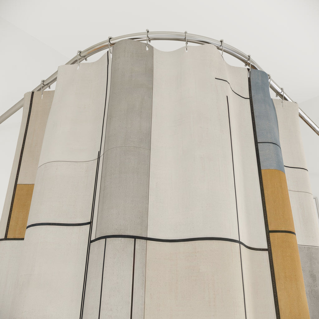 Geometric Shower Curtain, Blue Beige Gray Grid Line Art, Modern Abstract Bath Decor, Architectural Minimalist Bathroom Style, Guest Bath