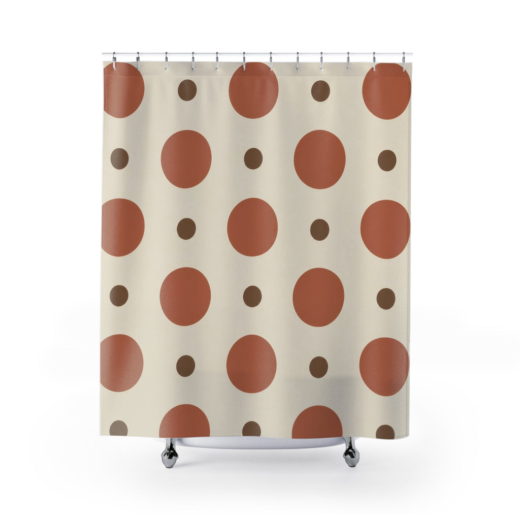 Large terracotta circles and small brown dots on cream shower curtain with full front view