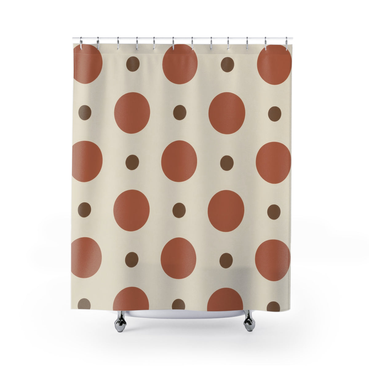 Large terracotta circles and small brown dots on cream shower curtain with full front view