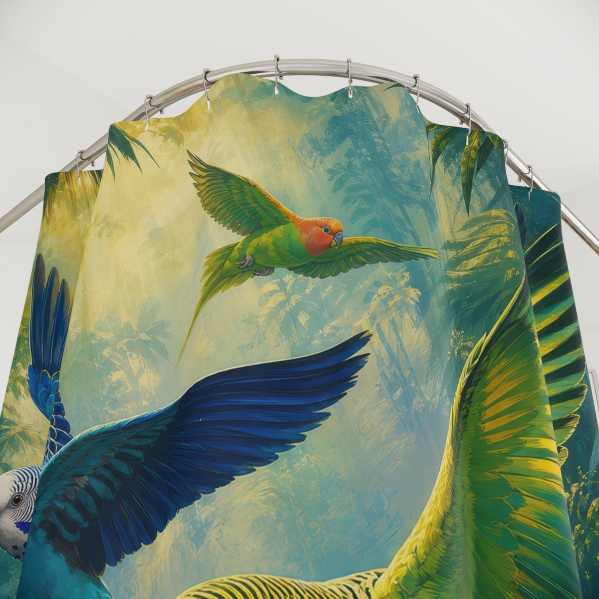 Misty Parakeet Flight shower curtain with close-up print, hooks, and folds