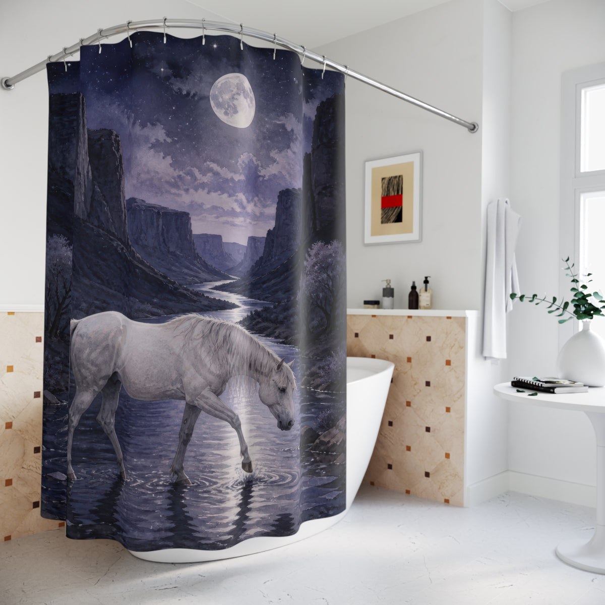 Pale wild mare crossing a moonlit canyon river shower curtain beside a freestanding tub