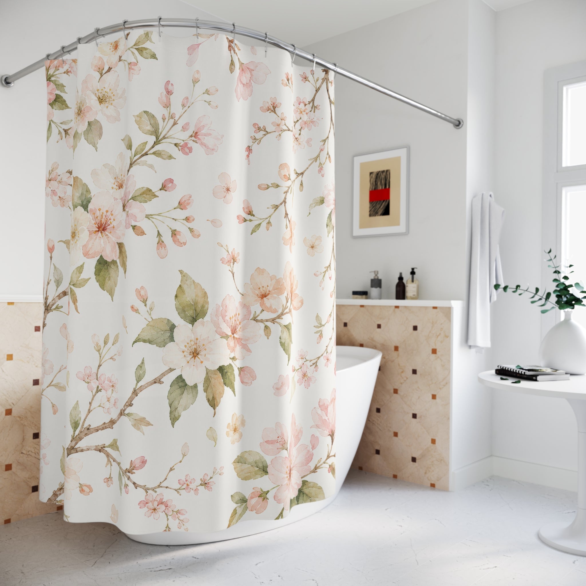 Cherry Blossom Cottage Blush White Branch Shower Curtain