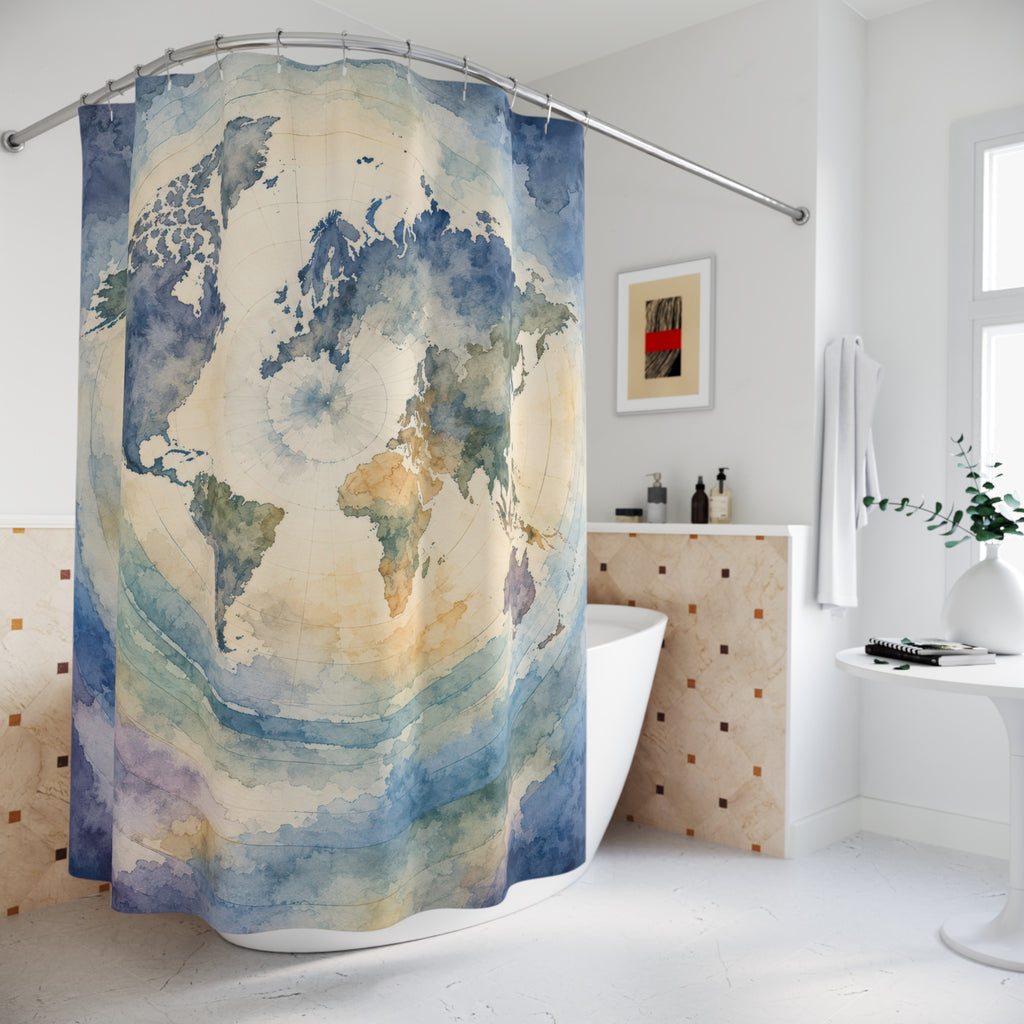 Blue world atlas watercolor map shower curtain beside a freestanding tub