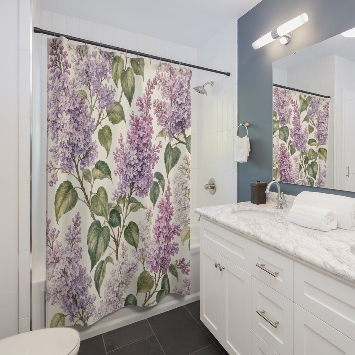 Purple Vintage Floral Botanical lilac shower curtain beside a white vanity