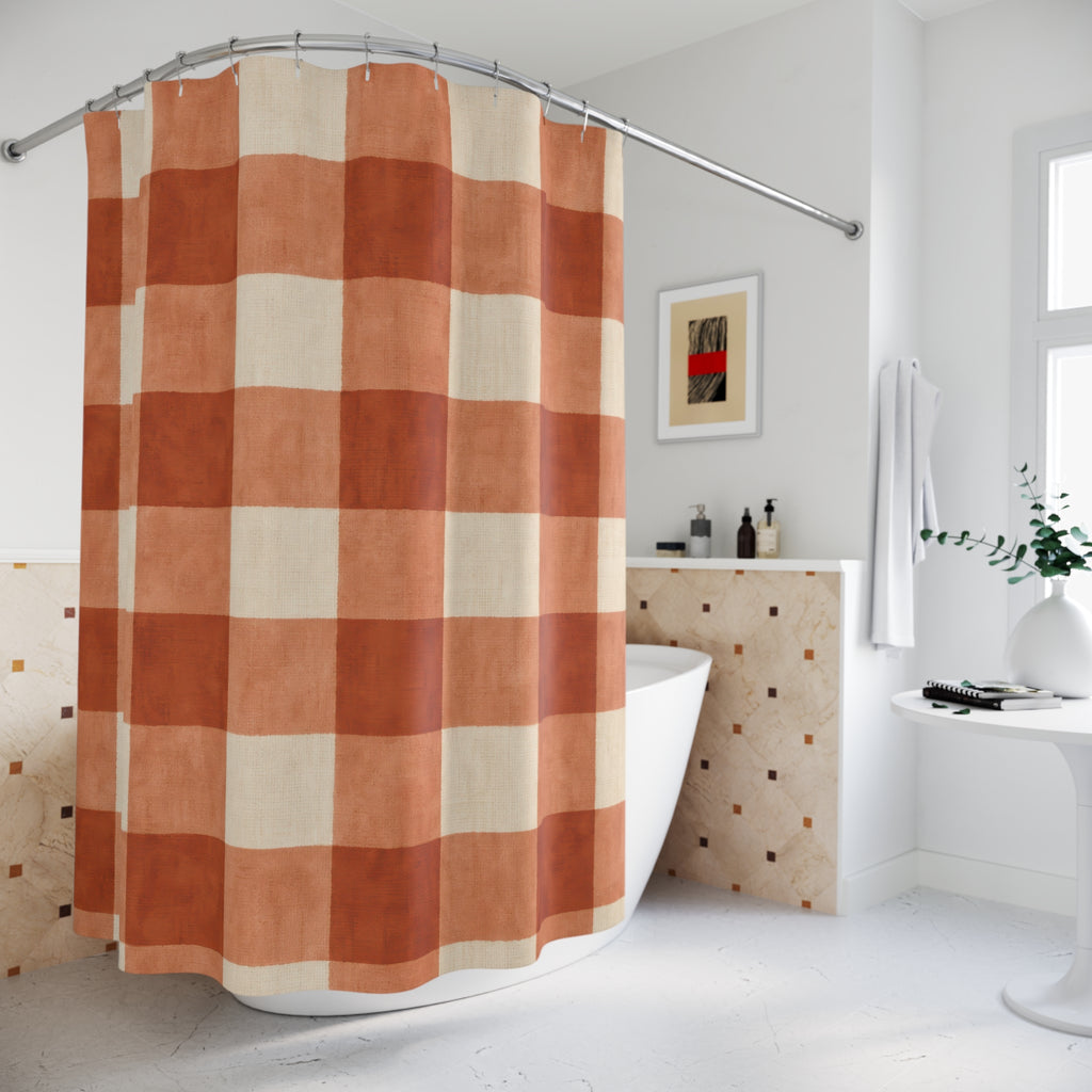 Buffalo Check Shower Curtain, Burnt Orange Cream Plaid Pattern, Farmhouse Bathroom Decor, Warm Country Guest Bath Autumn Style