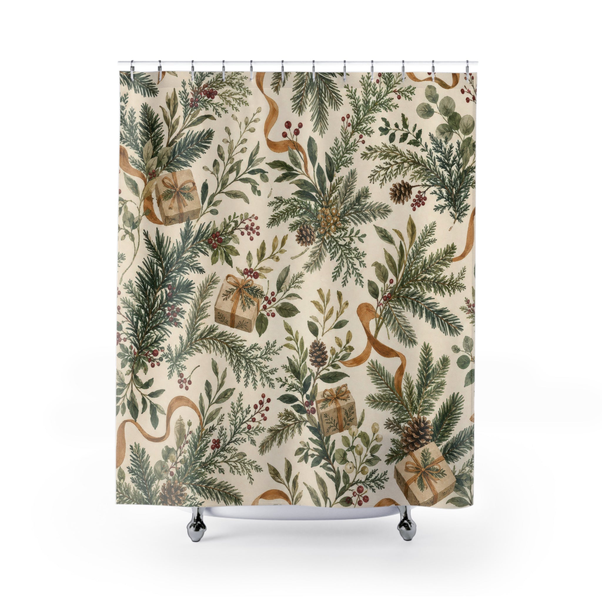 Green Botanical Christmas Shower Curtain