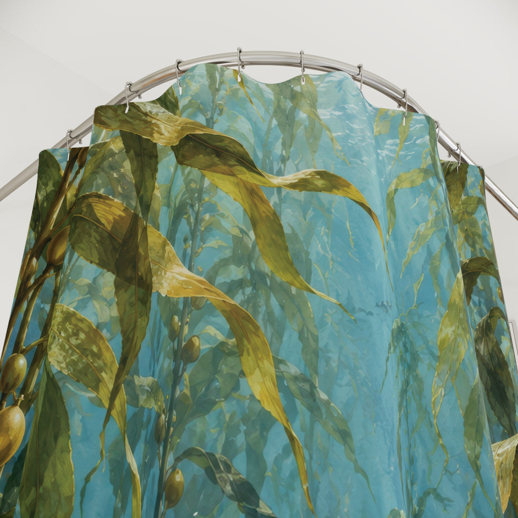 Olive green kelp and small silver-blue fish in sunlit blue water shower curtain with close-up print, hooks, and folds