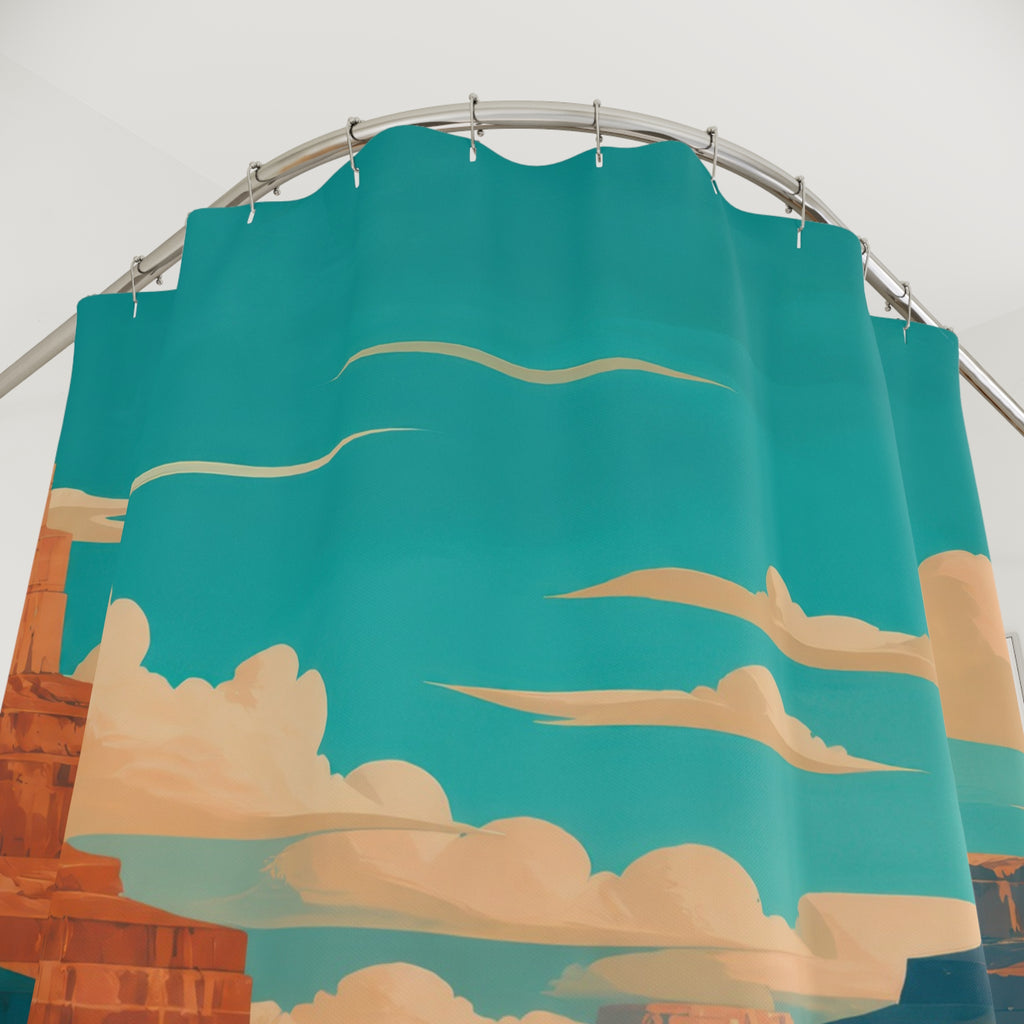 Turquoise river winding through a terracotta desert canyon shower curtain with close-up print, hooks, and folds