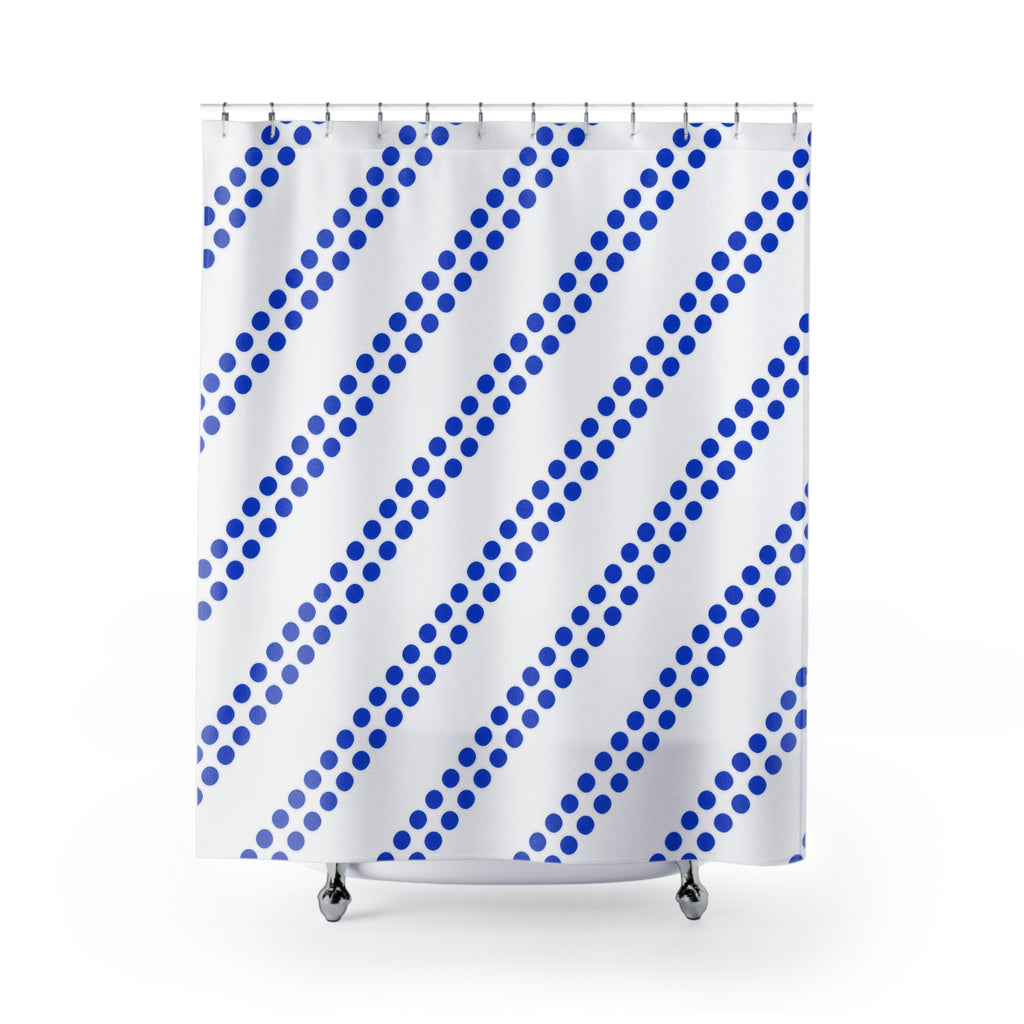Paired diagonal cobalt dot stripes on white shower curtain with full front view
