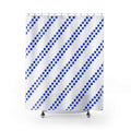 Paired diagonal cobalt dot stripes on white shower curtain with full front view