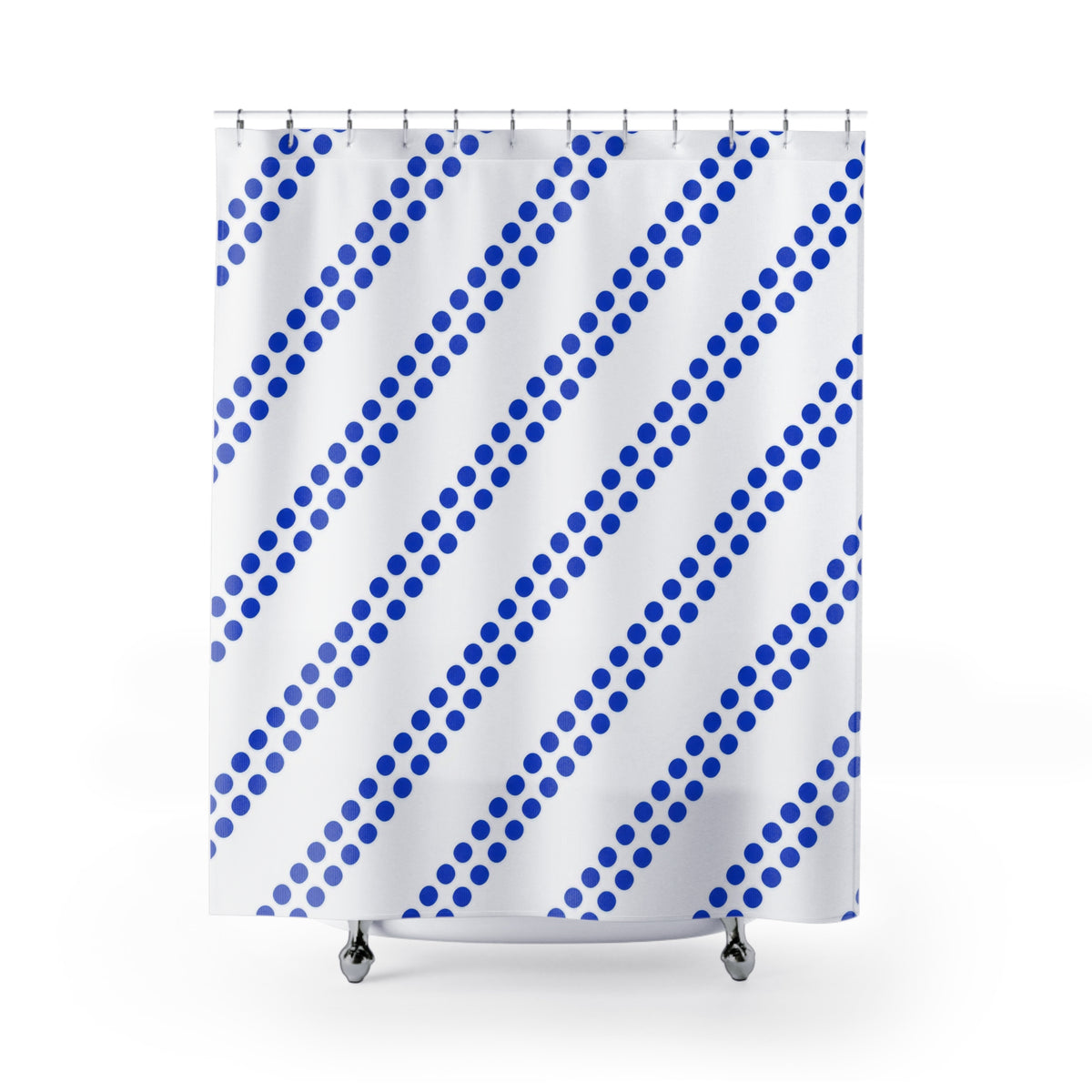 Paired diagonal cobalt dot stripes on white shower curtain with full front view