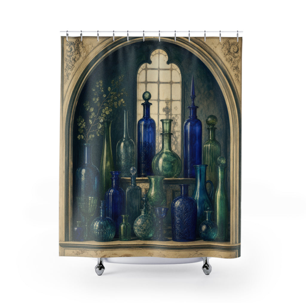 Blue and Green Apothecary Glass Shower Curtain