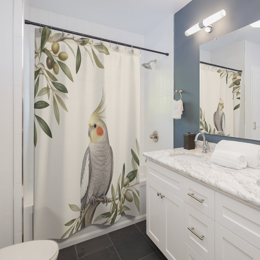 Grey cockatiel framed by airy olive branches on warm ivory shower curtain installed beside a white vanity