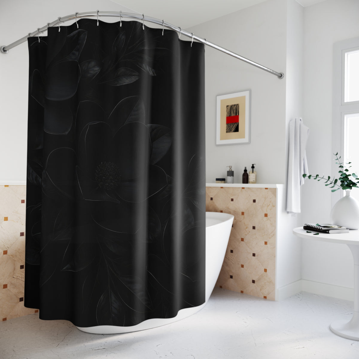 Black magnolias and glossy branches on an inky black field shower curtain styled beside a freestanding tub