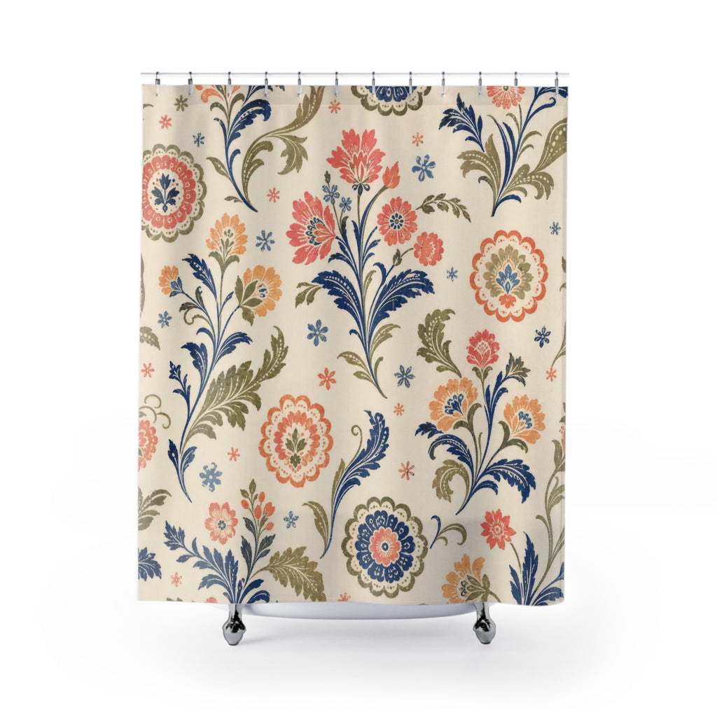 Indigo Coral Block Print Floral Shower Curtain