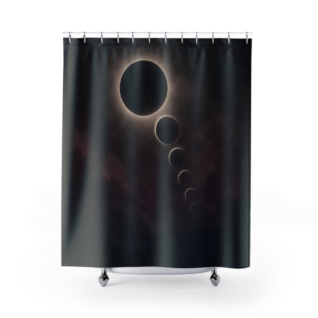 Charcoal eclipse with a silver halo and descending orbital forms shower curtain with full front view