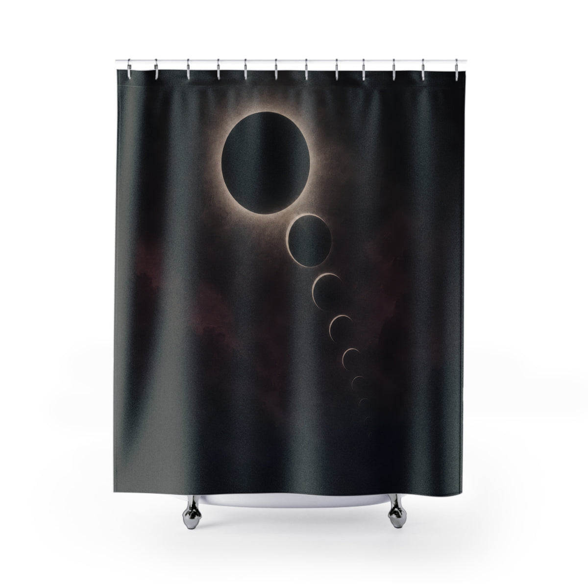 Charcoal eclipse with a silver halo and descending orbital forms shower curtain with full front view