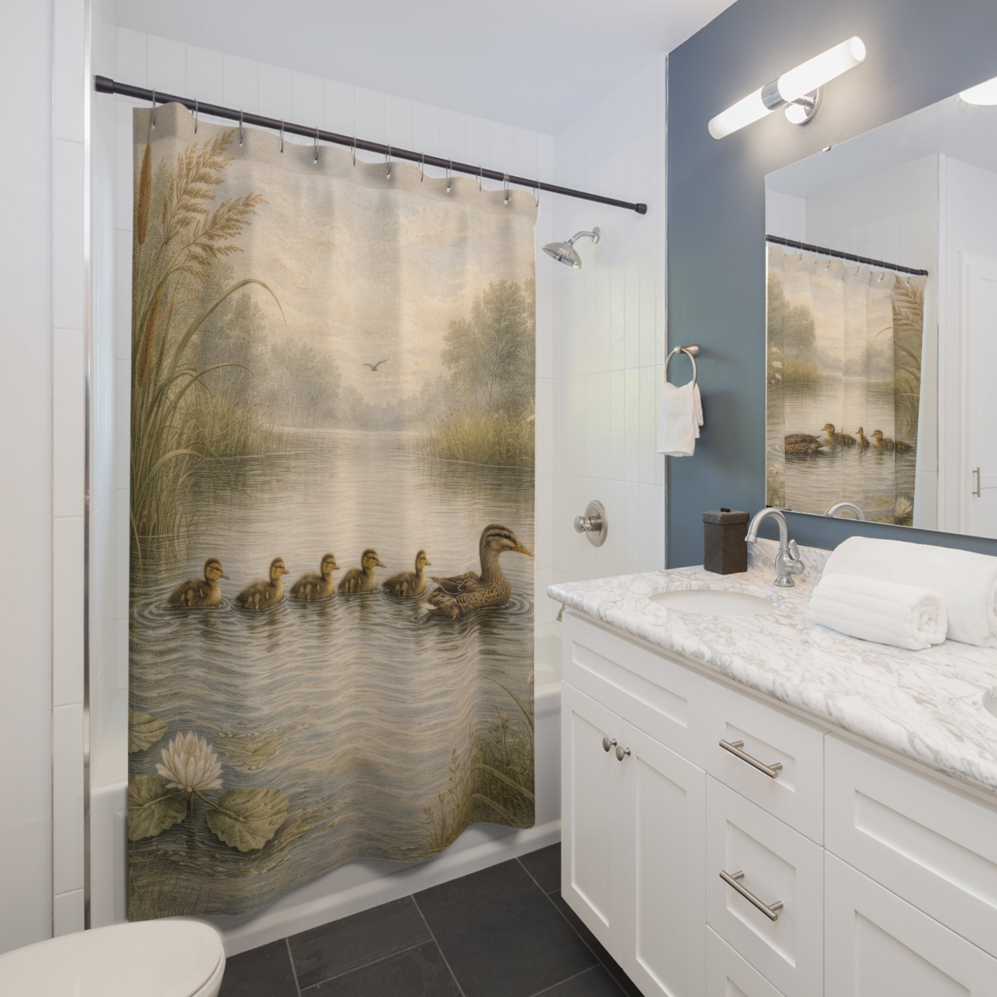 Duck Mother & Ducklings Shower Curtain – Pond Watercolor