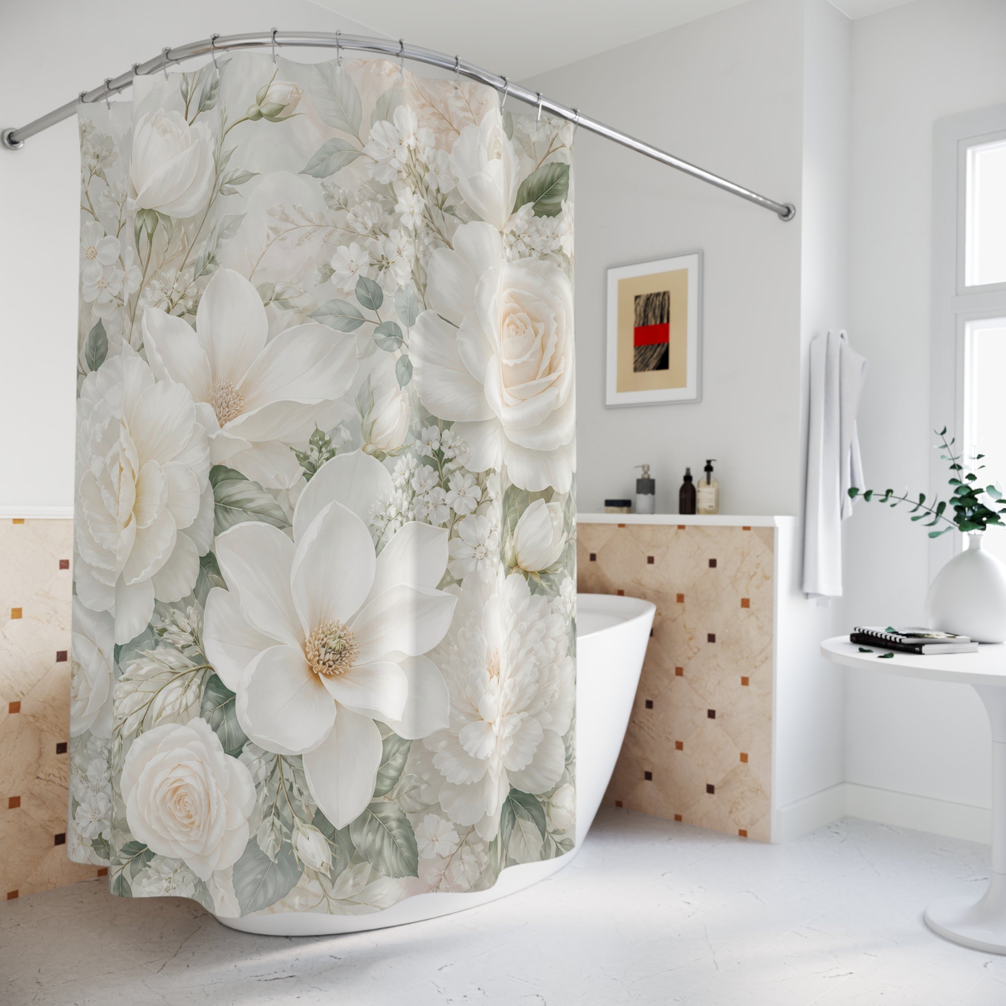 White Floral Shower Curtain: Ivory Rose Magnolia