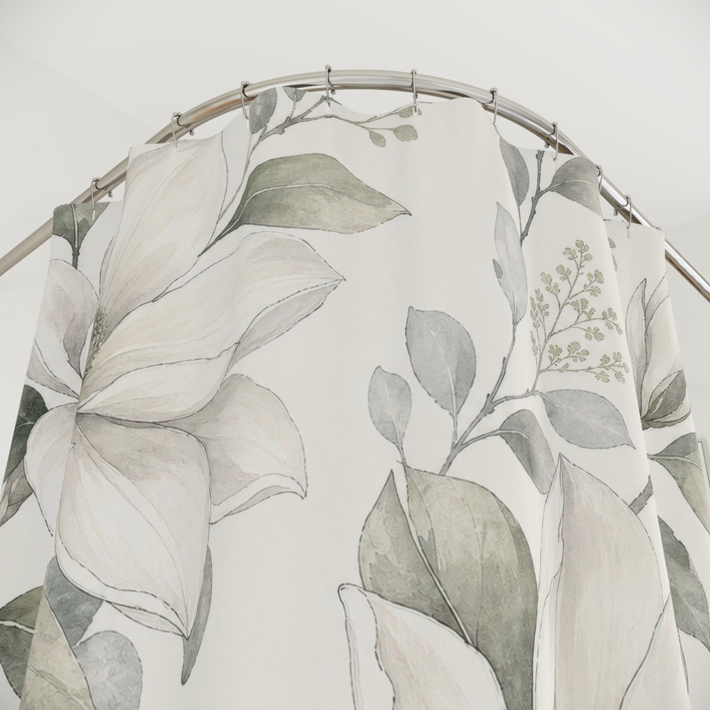 White Magnolia Shower Curtain, White Sage Botanical Bathroom Decor, Magnolia Floral Bath Curtain, Guest Bath Decor, Small Bathroom Decor